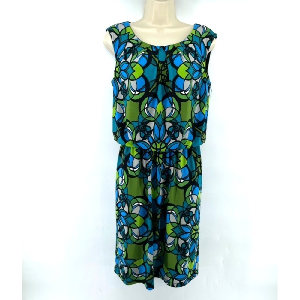 Maggy L‎ Dress Size 10 Sleeveless Midi Blouson Abstract Geometric Mod Maximalist